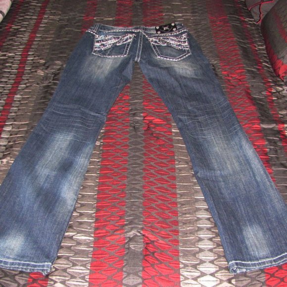 Miss Me Jeans Size 26 x 33 Easy Boot Low Rise Denim Studs chains sequins - Picture 5 of 12
